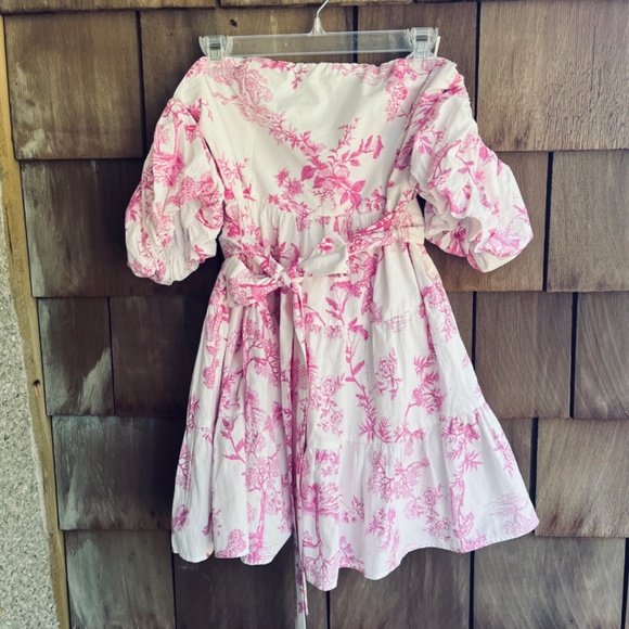 AQUA 🆕 Puff Sleeve Off-the-Shoulder Cotton Floral Tie Waist Dress - Exclusive M - Picture 8 of 16